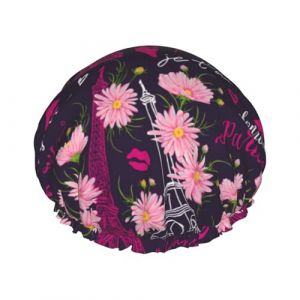 Bonnet de douche pour douche &ndash; Tour Eiffel fleur rose double couche r&eacute;utilisable imperm&eacute;able grand bonnet de douche pour femme avec doublure en PEVA et corde &eacute;lastique (Vosery, neuf)