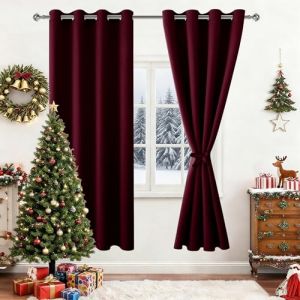 Hiasan Rideau Occultant avec Embrasses, Rideau Thermique Isolant Anti Froid et Chaleur, pour Chambre Salon Anti Bruit &agrave; &oelig;illets, 2 Pieces, 167 x 183 cm (Largeur x Hauteur), Rouge Bordeaux (Hiasan, neuf)