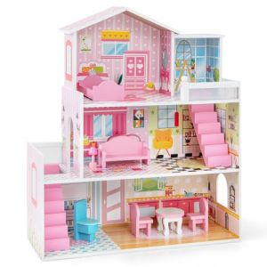 COSTWAY Maison de Poup&eacute;e en Bois &agrave; 3 Etages avec 5 Pi&egrave;ces et 10 Meubles, Maison de R&ecirc;ve Rose avec Autocollants Princesses, Jeu d&rsquo;Imitation pour Enfants de 3-7 Ans, 60 x 25 x 70 cm (FDS GmbH, neuf)