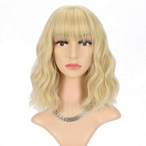 FAELBATY Perruque blonde avec frange courte ondul&eacute;e Bob perruque longueur d'&eacute;paule synth&eacute;tique cosplay perruque pour femme perruques de d&eacute;guisement (12" Mix Blonde Color 6186) (FAELBATYHAIR, neuf)