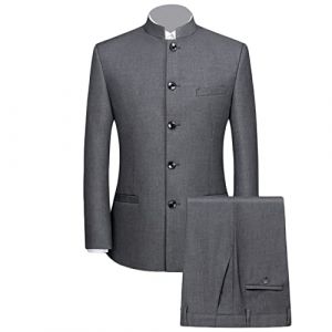 Costume Tunique Chinoise 2 Pièces pour Hommes Ensemble Blazer à Col Mandarin Ensemble Pantalon Veste Boutonnée Robe de Marié Uniforme Traditionnelle (Gris Foncé,4XL) (Huabaohua[7-12 Deliverly], neuf)