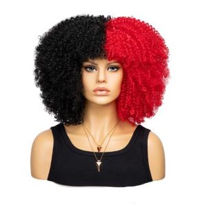 Perruque Afro boucl&eacute;e synth&eacute;tique courte Perruque compl&egrave;te pour femme Perruque pour usage quotidien, f&ecirc;te et Cosplay (Noir Rouge) (LEEMASING Direct, neuf)