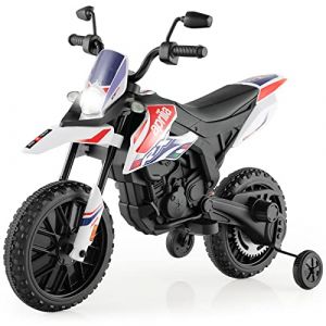 DREAMADE Moto Electrique pour Enfants avec Lumières et Musique, Mini Véhicule Rechargeable avec Batterie 12V et 2 Roues Auxiliaires, Capacité de Charge 25KG, pour Enfant 3-8 Ans (Blanc,Modèle 3) (DREAMADE, neuf)