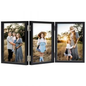 AVEAX Cadre photo, 10 x 15 cm, noir, triple cadre photo, 10 x 15 cm, en bois, avec façade en verre, support pliable pour une installation verticale sur le bureau (SSUEI, neuf)