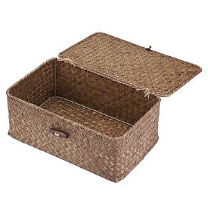 OLegei Panier de rangement en osier panier avec couvercle panier pour étagère boîte de rangement organisateur de table (café, 26 x 16 x 10cm) (SunGiRay, neuf)