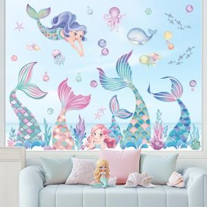 wondever Stickers Fenetre Queue de Sir&egrave;ne Sous la Mer Autocollant Fen&ecirc;tre Oc&eacute;an Sir&egrave;ne Algues Marin Poisson Electrostatique Anti-Collision D&eacute;coration pour Printemps &Eacute;t&eacute; Vitre Stickers (Wondever EU, neuf)