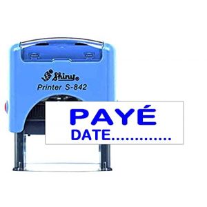 Payé Avec Date Pré Encre Personnalisé Tampon En Caoutchouc Auto-Encreur Plastique Brillant S-842 Bleu 14 X 38 Mm (Good Win, neuf)