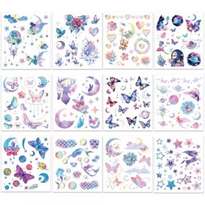 Autocollant de Tatouage Temporaire 12 Pièces Faux Tatouage Visage Femme, Tatouage éphémère Papillon Tatouage Ephemere Fleur pour Fête, Cadeau, Maquillage (yuwenparty, neuf)