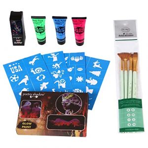 Kit crème de peinture fluorescente soluble dans l'eau – Brillent dans le noir, non toxique, séchage rapide pour Halloween, carnaval, cosplay, comprend des pochoirs et des pinceaux pour adultes (六蝶云, neuf)