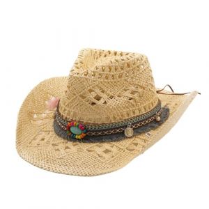 Chapeau de Cowboy Homme Femme Western Cowgirl Hat Br&eacute;silien Boh&ecirc;me Paille Panama avec Bande Chapeau de Soleil d'&eacute;t&eacute; Chapeau de Plage Cowboy Hat (FR/ES, Alpha/Lettres, Taille Unique, Kaki) (Haletia, neuf)