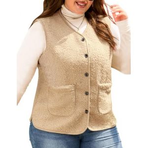 Yuson Girl Gilet Femme sans Manche Grande Taille Manteau en Polaire Hiver Chaude Fourrure Bouton Veste Chic Chaud Waistcoat Court Elegant Gilets Sherpa Molleton Vestes avec Poches(Khaki, 3XL) (YusonGirl, neuf)