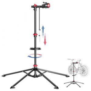 KARAT - Pied de montage vélo - Support de réparation vélo jusqu'à 30 kg - Pied d'atelier avec plateau à outils, Pivotant, Pliable, Hauteur réglable - 128 L x 128 l x 113,5 - 193 H cm Noir-Rouge (Lois) (Velvet Trading, neuf)