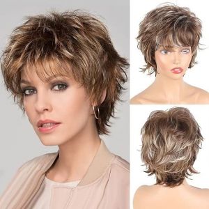 Perruque brune courte pour femme, coupe Pixie avec frange, perruque marron pour femme, cheveux synthétiques bouclés gris Pixie perruque (Taiyuanyuefengkeji, neuf)