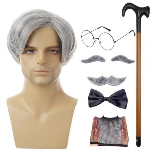 Cosplay de vieil homme, Costume de grand-père pour hommes, taille adulte,Bonnet de perruque avec lunettes en canne, Faux sourcils, moustache, nœud papillon, 8 pièces/ensemble | Perruque de vieil homme (cagelgculg, neuf)