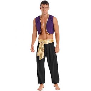 dPois Homme Déguisement Arabe Gilet Pantalon Costume Arabe Roi Prince Carnaval Partie Fête Jeux de Rôle B Noir 3XL (dPois eu, neuf)