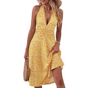 shownicer Robe Femme sans Manches Imprimée Floral Robe Courte Été Sexy Bretelle Dos Nu Mini Robe Casual Ample Robe de Plage A Jaune XXL (Bang Okay Design, neuf)