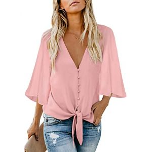 Vancavoo Chemisier Femme Chemise Manches Courtes 3/4 Blouse Femme Top Mousseline de Soie Chemise Décontractée avec Nœud Mode Haut Boutonné Col V Casual T-Shirt Couleur Unie S-XXL(Rose,L) (XT-Direct, neuf)