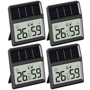 Solar Thermometre Hygrometre Interieur, Mini Thermomètre Hygromètre d'intérieur Alimenté par la lumière- Fonctionne uniquement sous éclairement lumineux, Noir - Sachet de quatre (chenrunheng, neuf)