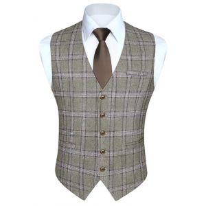 HISDERN Gilet Costume Homme Classique Gilet &agrave; Carreaux Sans Manche Gilets Coton avec Poche pour Mariage F&ecirc;te Gris/Marron 2XL (hisdern, neuf)