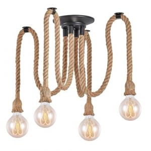 Lustre Suspension en corde, Industrielle Corde Luminaire, Corde De Chanvre, E27 Lampe Suspension Chanvre Corde Lumière Suspendue Plafonnier, Araignée pour Restaurant Salon Cuisine (4 têtes) (xindaxin, neuf)