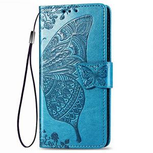 Dedux Flip Coque Huawei Y5p, [Stand Support] [Porte Cartes de Cr&eacute;dit] [Fermeture Magn&eacute;tique] Etui Portefeuille Fleur de Papillon Rose en Relief &Eacute;tui Portefeuille, Bleu (Dedux, neuf)