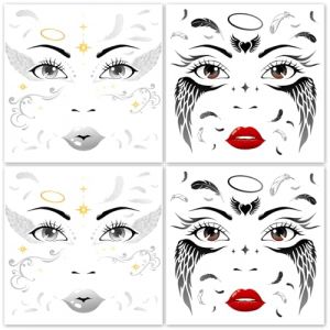 HOWAF 4 Feuilles Ange Tatouage Halloween pour Visage, Tatouage Temporaire Carnaval Autocollant Visage pour Déguisement Ange, Deguisement Halloween Costume (Lipmok-eu, neuf)