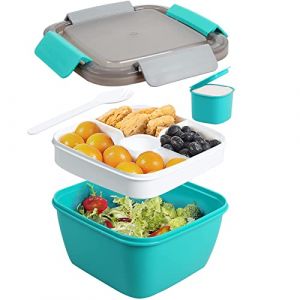Greentainer To Go Récipient à salade 1,5 L, sans BPA, 3 ingrédients de salade et compartiments à collation, saladier avec récipient à vinaigrette, cuillère intégrée, passe au micro-ondes (Vert foncé) (Tengfei Limited, neuf)