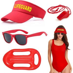 Wekuw Costume de Sauveteur Homme Femme, 4 Pièces Baywatch Lifeguard Costume Ensemble de Sauveteur Visière Sifflet Lunettes de Soleil Bouée de Sauvetage, pour Halloween, Carnaval, Fête à la Piscine (ZHELYAZKO TRANS STORE, neuf)