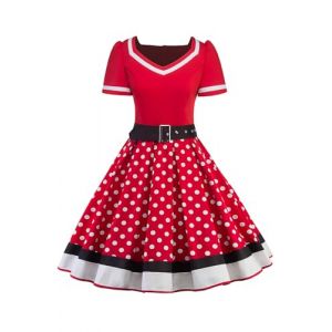 AXOE Femme Robe Vintage Année 50 Pin up Rockabilly Cocktail avec Ceinture Rouge et à Pois Blanc, Taille 50, 4XL (AXOE-FR, neuf)