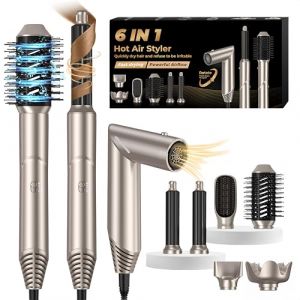 Air Styler 6 en 1 Air Brush Brosse Chauffante Brushing S&egrave;che-Cheveux avec Diffuseur 6 en 1 Brosse Soufflante Airstyler Boucleur a Cheveux &agrave; Air Brosse &agrave; Lissante Ensemble Airbrush Coiffure Femmes, Or (UMIGA Beauty Solutions, neuf)