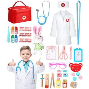 JOFLVA Malette Docteur Enfant, Malette Docteur Enfant Médecin Jouet Bois avec Stéthoscope, Thermomètre, Seringue, Blouse de Docteur et Autres Accessoires, Jouet d'Imitation dès 3 Ans (LIUZZA NIELE S.R.L., neuf)