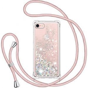 Glitter Liquide Collier Coque pour iPhone 7/8/SE 2020, Glitter Silicone Paillette &Eacute;tui Protection TPU Bumper Flowing Liquide Housse, Bling Transparent Case avec R&eacute;glable Tour de Cordon -Or Rose (TUUTPU, neuf)