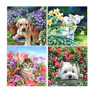 Lot de 4 Peinture Diamant 30 30 cm Diamond Painting Animaux Diamond Painting Chien Labrador Chat Mouton Broderie Diamant Fleurs Bricolage 5D Chiots de Chien Peinture Numero Adulte Canevas Enfant (BEIMIN, neuf)