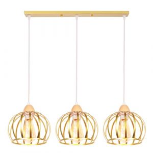 iDEGU 3 Lampes Suspension Luminaire Vintage E27 Lustre Plafonnier Industriel en Bois M&eacute;tal Lampe de Plafond Design Cage R&eacute;tro D&eacute;coration d'&eacute;clairage pour Salle &agrave; Manger Salon Chambre (Barre, Dor&eacute;) (IDEGU, neuf)