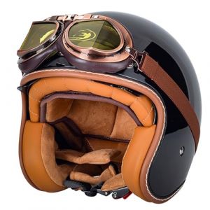 EBAYIN Retro Casque Demi Jet, Casque Jet Vintage, Casque Moto Scooter, Casque Bol Homologué ECE Casque De Protection for Hommes Et Femmes, Casque De Cyclomoteur avec Lunettes(G,L=(59~60cm)) (GAOSHUXIA666, neuf)