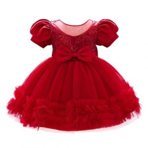 Lito Angels Robe de Fille d'honneur pour Bebe - Robe Tulle &agrave; Paillettes avec Manches Bouffantes - Tenue Chic Mariage Anniversaire Fete Sp&eacute;ciale Rouge Bordeaux - 2 Ans (Lito Angels FR, neuf)