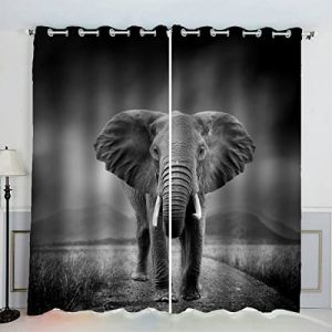 AKATIE Rideau Occultant éléphant Noir Et Blanc Rideaux Oeillet Polyester 3D Chambre Rideau Thermique Isolant Anti Froid Animaux Sauvages Rideau Chambre Enfant （150x166 cm ） (haiyongshangmao, neuf)