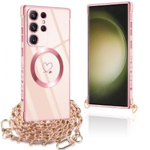 Pnakqil Coque Magn&eacute;tique pour Samsung Galaxy S23 Ultra Con Cordon, Compatible avec MagSafe, Silicone Housse avec Motif Coeur d'amour Collier Lanyard, pour Samsung S23 Ultra 6.8 Pouces, Chaine-Rose Or (UNA KADAMS, neuf)