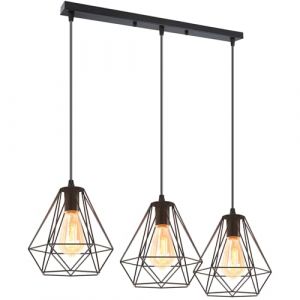 iDEGU 3 Lampes Suspension Luminaire Vintage, 20cm Lustre Industriel E27 Luminaire Abat-jour en M&eacute;tal en Forme Dimant de Cage Plafonnier pour Salle &agrave; Manger, Cuisine, Salon (3 Lumi&egrave;res, Barre, Noir) (IDEGU, neuf)