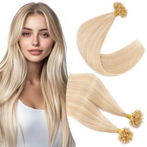 Elailite Extension Kératine Cheveux Naturel 0.5g /Mèche - Rajout Cheveux Humain Pose a Chaud 100 Mèches (#18+613 SABLE BLOND MECHE BLOND CLAIR, 55 cm) (Naughty Fashion Mode, neuf)