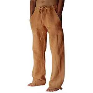 FEOYA Pantalon en Lin pour Hommes Pantalon D'été Léger Pantalon de Yoga Plage Décontracté avec Cordon de Serrage Hommes Pantalon Baggy Jaune 3XL (PYOUEU, neuf)