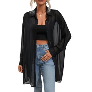 GORGLITTER Chemisier transparent en maille pour femme - Haut ample - Long chemisier en mousseline de soie, Noir , L (SHENHE INTERNATIONAL, neuf)