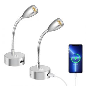 ERWEY 2er LED lampe de lecture 12V camping - car, 3W 3000k applique lampe de lit avec col de cygne flexible et port de charge USB pour bateau, yacht, voiture, &eacute;clairage int&eacute;rieur de caravane, argent (Homkel, neuf)