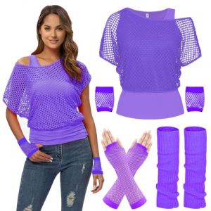 WILDPARTY Déguisement Année 80 90 Femme Fluo T-shirt Resille, Débardeur Jambières Gants en Maille Costume, Kit Annee 80 Femme Accessoires Carnaval Vêtements D'aérobic Fête Thème (AMS-EU, neuf)