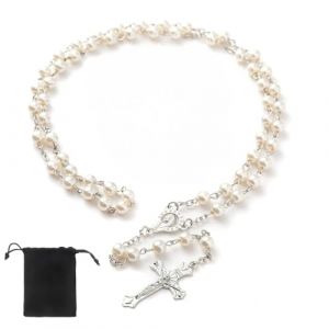 NOPKESV Chapelet Catholique, 1 pi&egrave;ce, Perles Rosariene Imitation, Collier, Confirmation Filles Adolescents, M&eacute;daille J&eacute;sus Christ Saint Beno&icirc;t, pour Communion Religieuse, Bapt&ecirc;me, Messe, Bible (Blanc) (WANGSHENGYA, neuf)