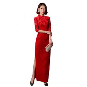VAAX Cheongsam pour Femmes,Robe Cheongsam en Velours Rouge 3 4 Manches &Eacute;l&eacute;gantes Robe Longue Maxi Mince Fleurs Brod&eacute;es Robe Qipao Robe De Cocktail Sexy Soir&eacute;e Antumn Robe Quotidienne pour Les Filles (JXYSMOZZ, neuf)