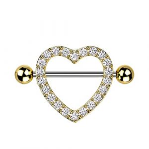 Tata Gis&egrave;le Piercing Bouclier de T&eacute;ton en Acier Chirurgical 316 L et Gemmes - Coeur Double Tige Passant au Milieu - Gemmes en Fa&ccedil;ade - 22 mm - (Or Dor&eacute;/Clair) (Tata Gis&egrave;le, neuf)