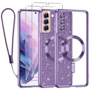 Kokio Glitter Magnétique pour Samsung Galaxy S21 Con Cordon, [Compatible avec MagSafe] Antichoc Brillant Pailleté Housse Souple Couqe pour Samsung S21 avec 2 Pièces Verre Trempé Étui, Violet (Wulf Stefan, neuf)