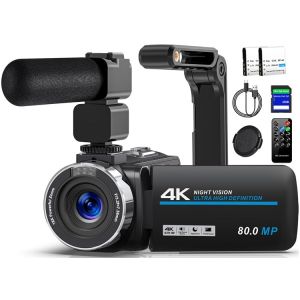 Cam&eacute;scope 4K 80MP Cam&eacute;ra Vid&eacute;o pour YouTube,30FPS Webcam &agrave; Vision Nocturne IR Cam&eacute;ra, Zoom Num&eacute;rique 18X de &agrave; &Eacute;cran IPS 3.0 270&deg; Vlogging Camera avec Carte SD,2 Piles,T&eacute;l&eacute;commande et Handstabilisateur (LSC Trade EU, neuf)