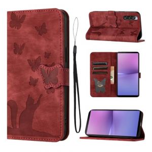 LSPCASA Coque pour Sony Xperia 10 V Mat&eacute;riau en Cuir PU De Qualit&eacute; Sup&eacute;rieure Motif Papillon Chat &Eacute;tui pour Sony Xperia 10 V Coque avec Fentes pour Cartes Rouge (SINGGEADA, neuf)